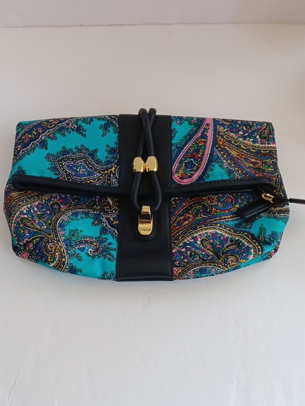 Vintage Talbots Teal Blue Paisley Satin Fold-Over Envelope Clutch Bag